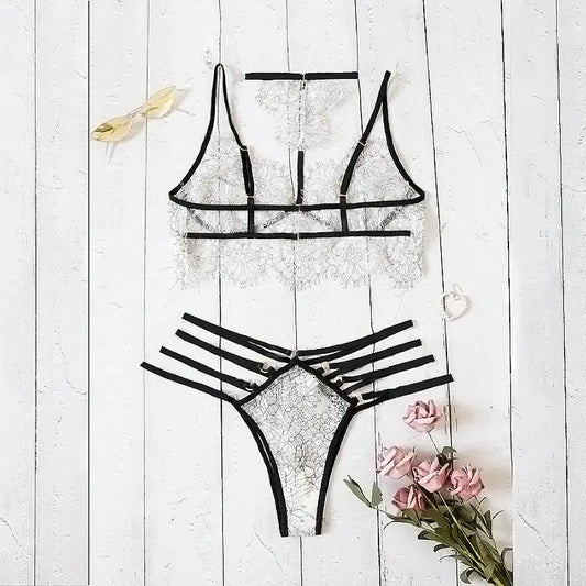 Lace Two-Tone Sheer Lingerie and Sleepwear Set